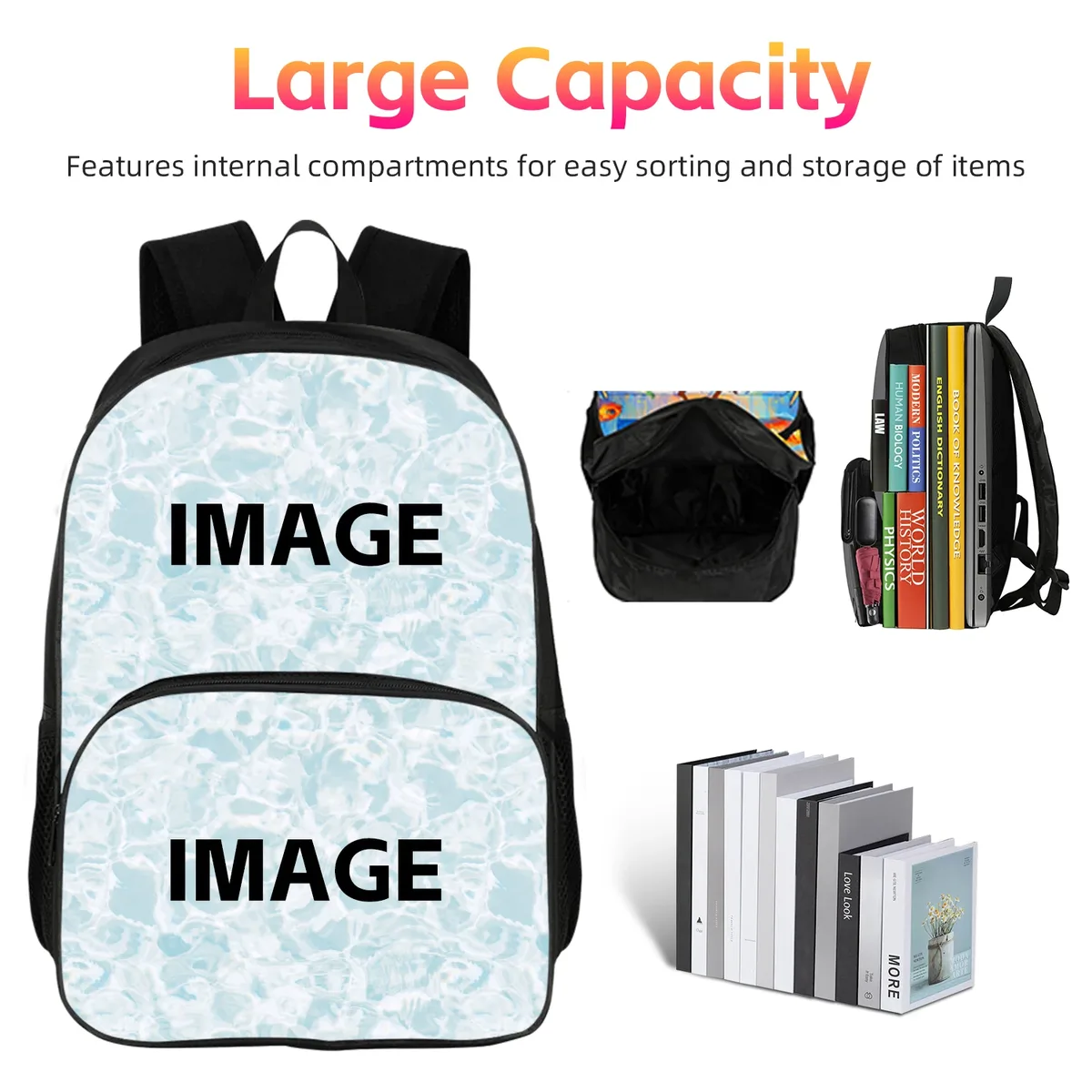 sac dos nylon poche avant motif floral bleu blanc bandoulière arquée fermeture éclair intérieur informatique sacs déjeuner pochette crayons