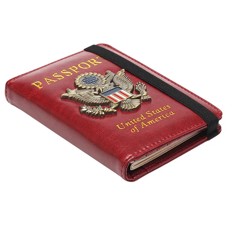 porte-passeport anti-rfid en cuir avec emblème métallique aigle américain, portefeuille de voyage, étui de protection pour documents pour hommes et femmes