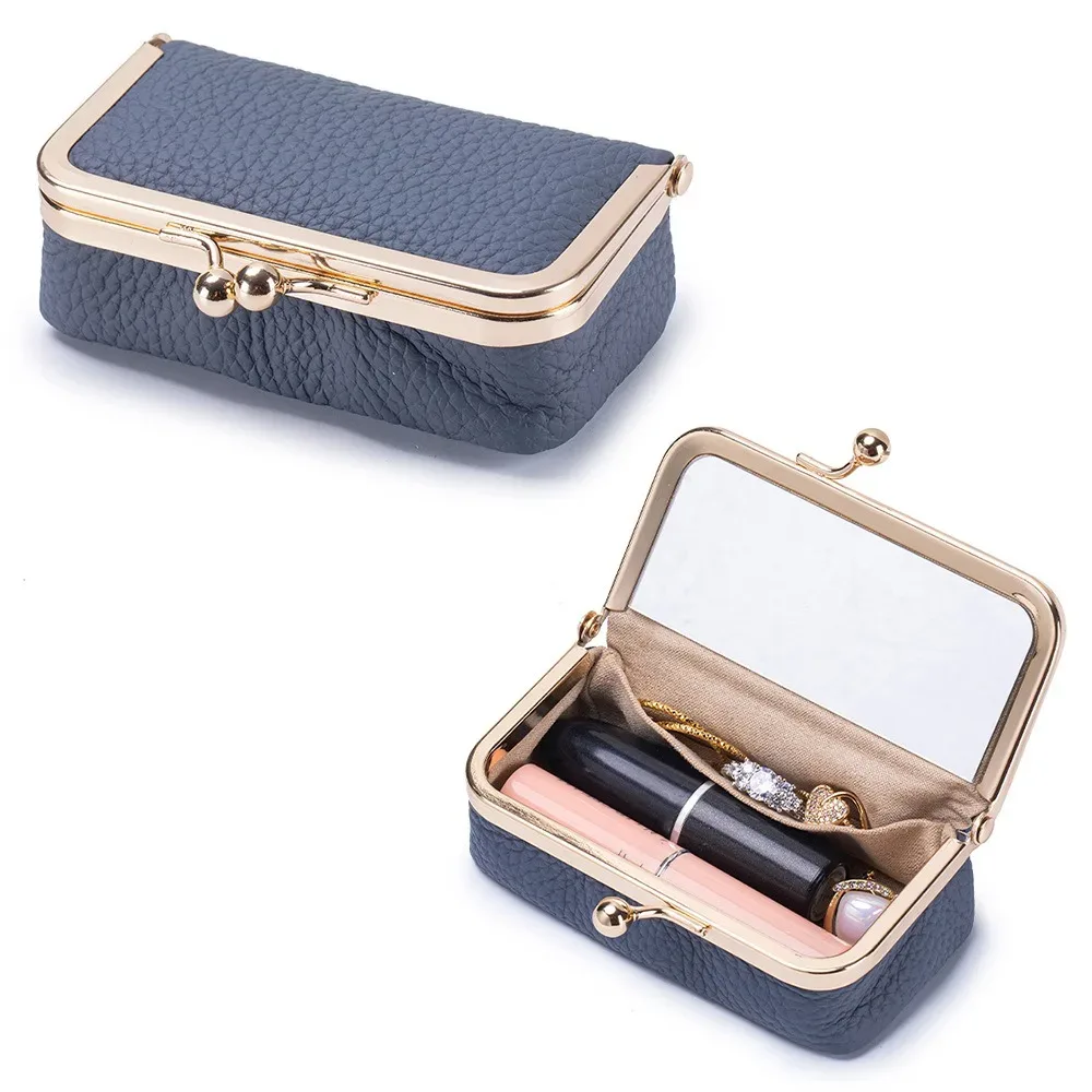 pochette à rouge à lèvres polyvalente et portable, exquise avec miroir de maquillage, sac à bijoux en cuir, couleur unie, sac de rangement anti-perte pour maquillage