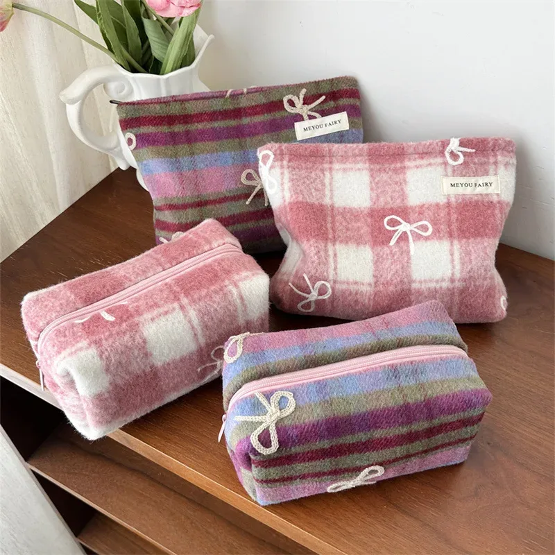 sac de maquillage à carreaux doux pour la saint-valentin, nouvel an, organisateur d'arc en tweed, trousse de toilette de grande capacité, pochette de transport à main portable