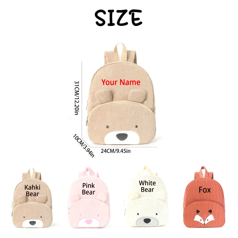 sac à dos personnalisé en velours côtelé avec nom brodé pour enfant, cadeau d'école pour tout-petit, sac d'anniversaire motif ours ou renard