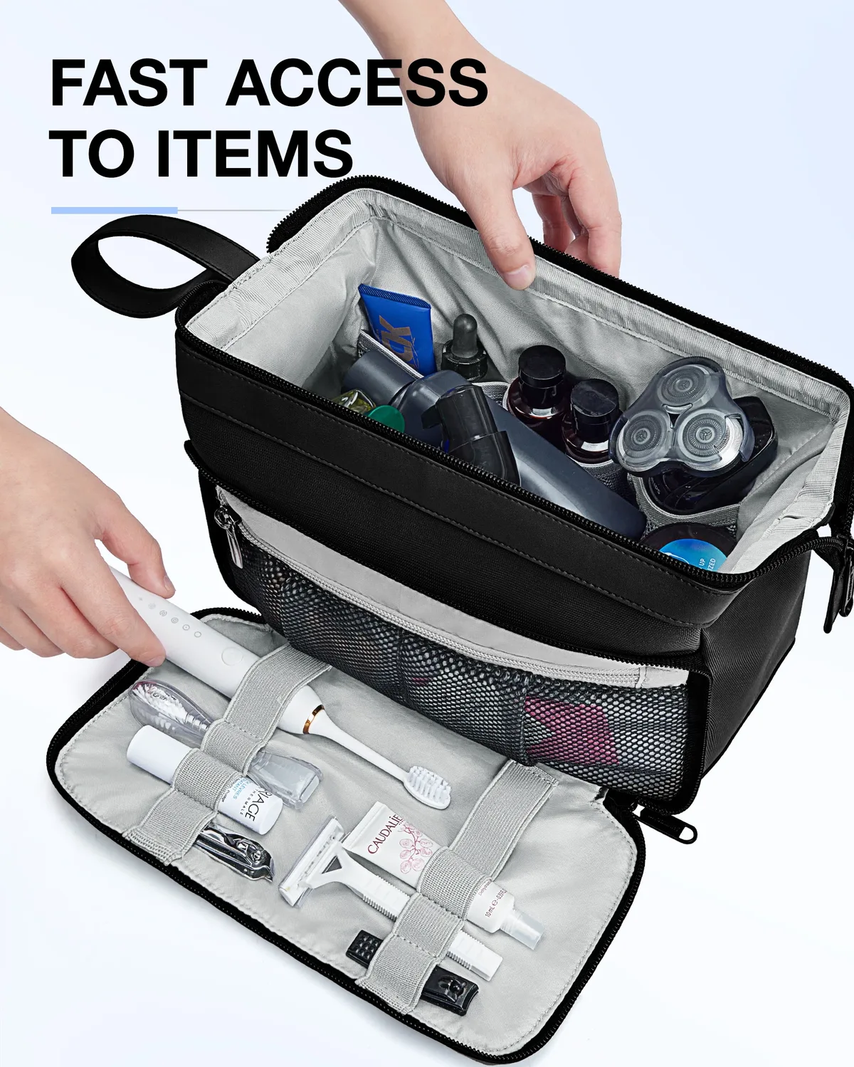 trousse polyester noir compartiments poches maille ouverture large rasage hygiène voyage cosmétiques organisation skincare