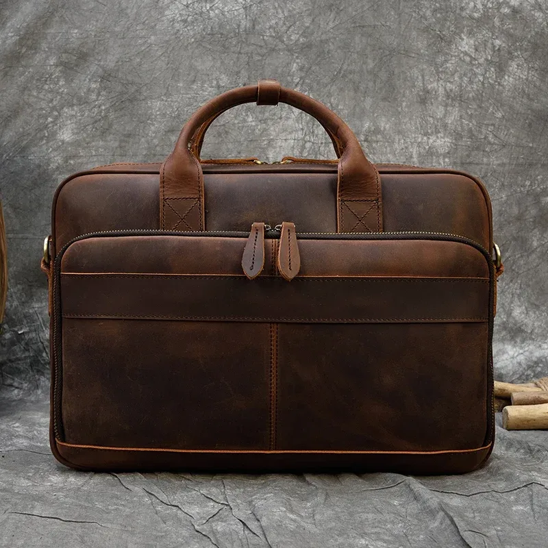 sac à main pour ordinateur portable de style rétro, en cuir véritable, sac décontracté de 15,6 pouces, sac d'affaires pour le travail quotidien, sac fourre-tout pour hommes, sac pour documents.