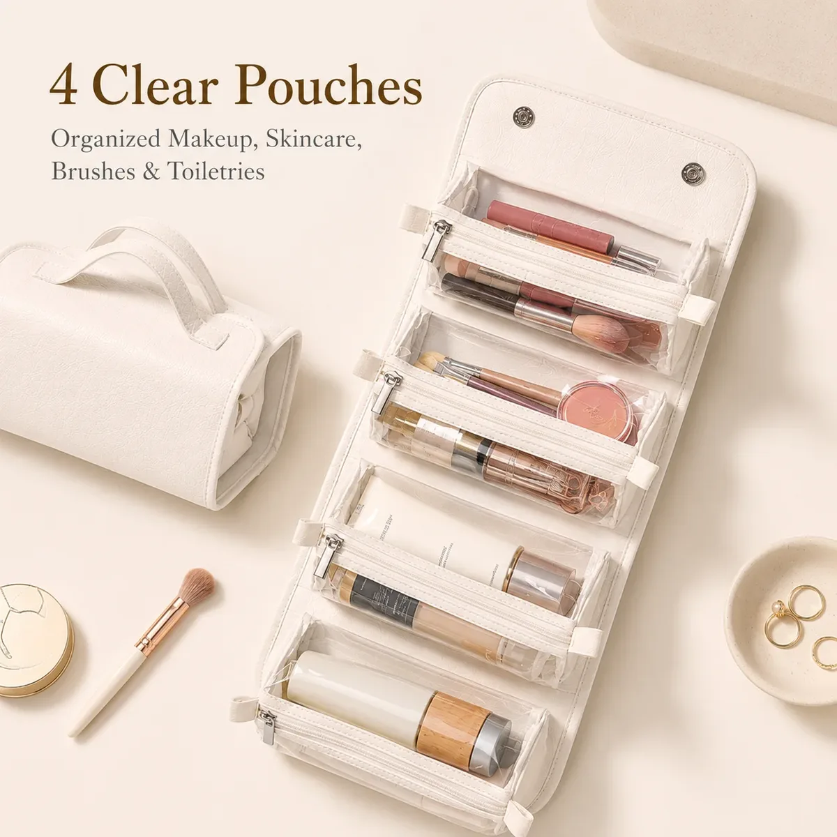 trousse de maquillage de voyage pour femmes en déplacement professionnel, 4 pochettes transparentes détachables, organiseur de cosmétiques et de toilette pliable à suspendre