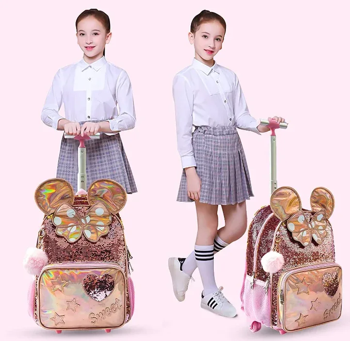 sac de voyage sac de chariot d'école avec sac à déjeuner ensemble de trousse à crayons ensemble de sac à dos roulant d'école pour filles sac à dos à roulettes d'école pour les filles