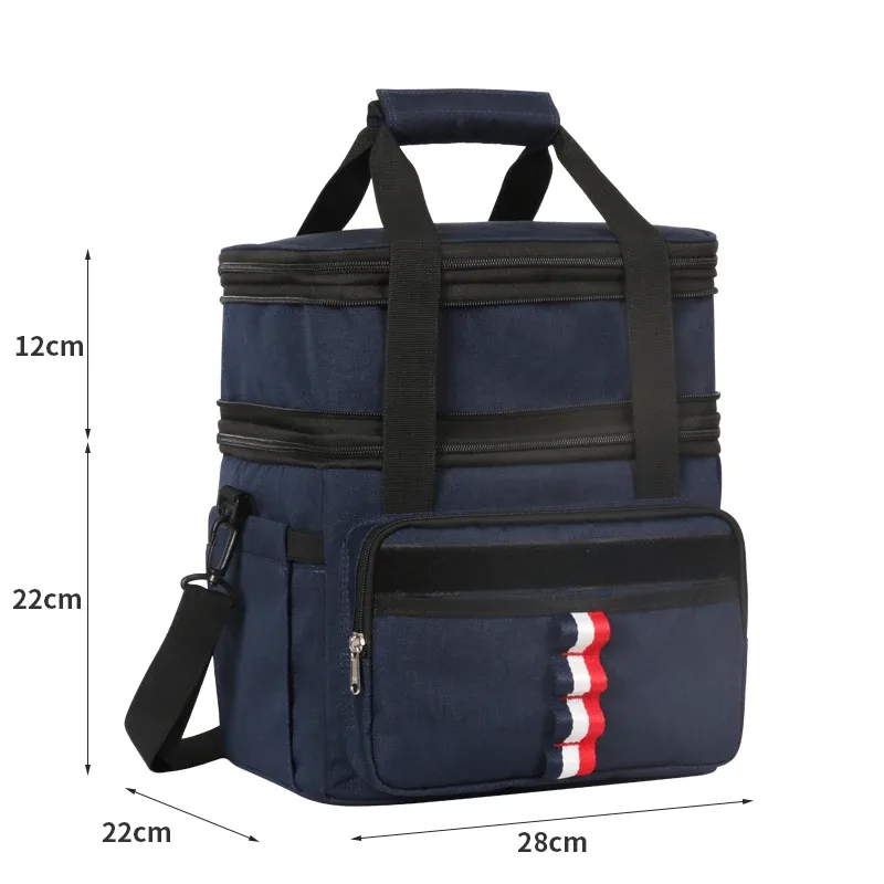sac dos isolement polyester bleu bandes noires blanches poignées sangle latérale compartiment intérieur gris conserver aliments frais voyage