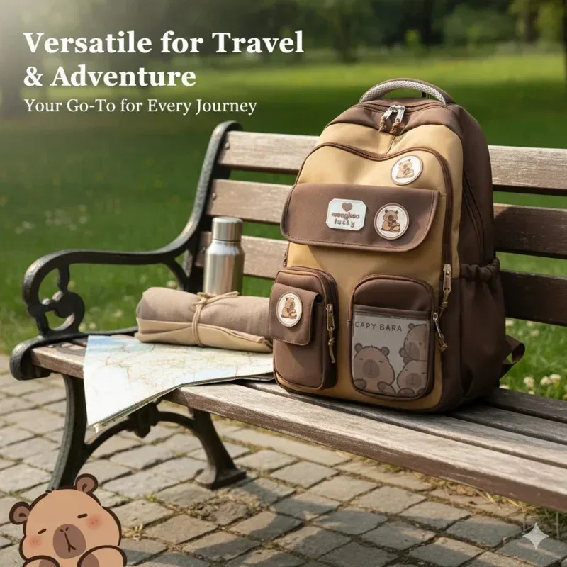sac dos nylon beige accents marron blanc motifs ours poches multiples étudiant voyage décontracté