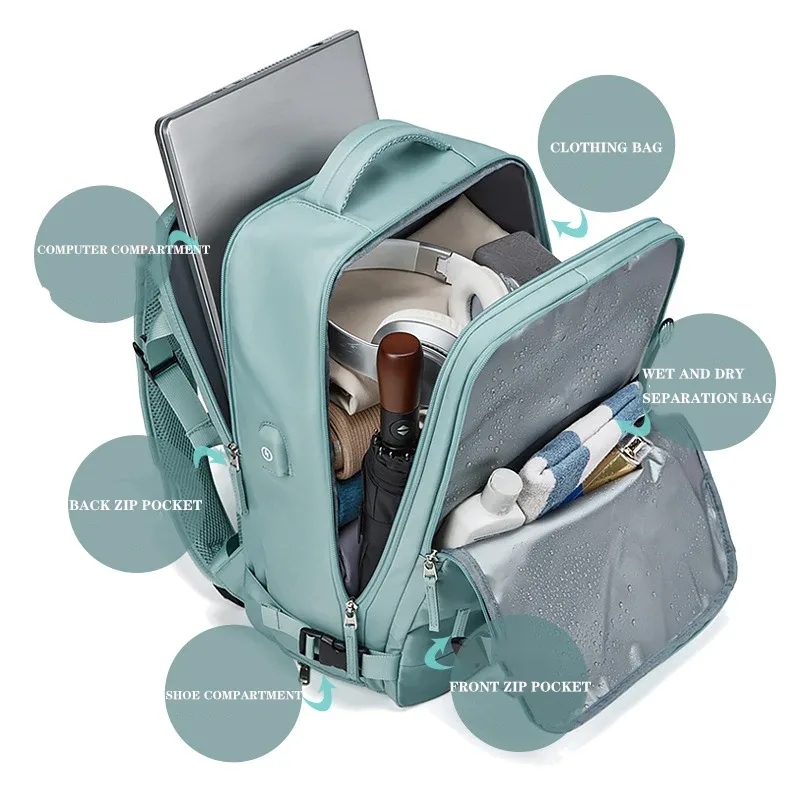 sac dos nylon vert pastel gris compartiment ordinateur poches latérales usage voyage école affaires courtes distances