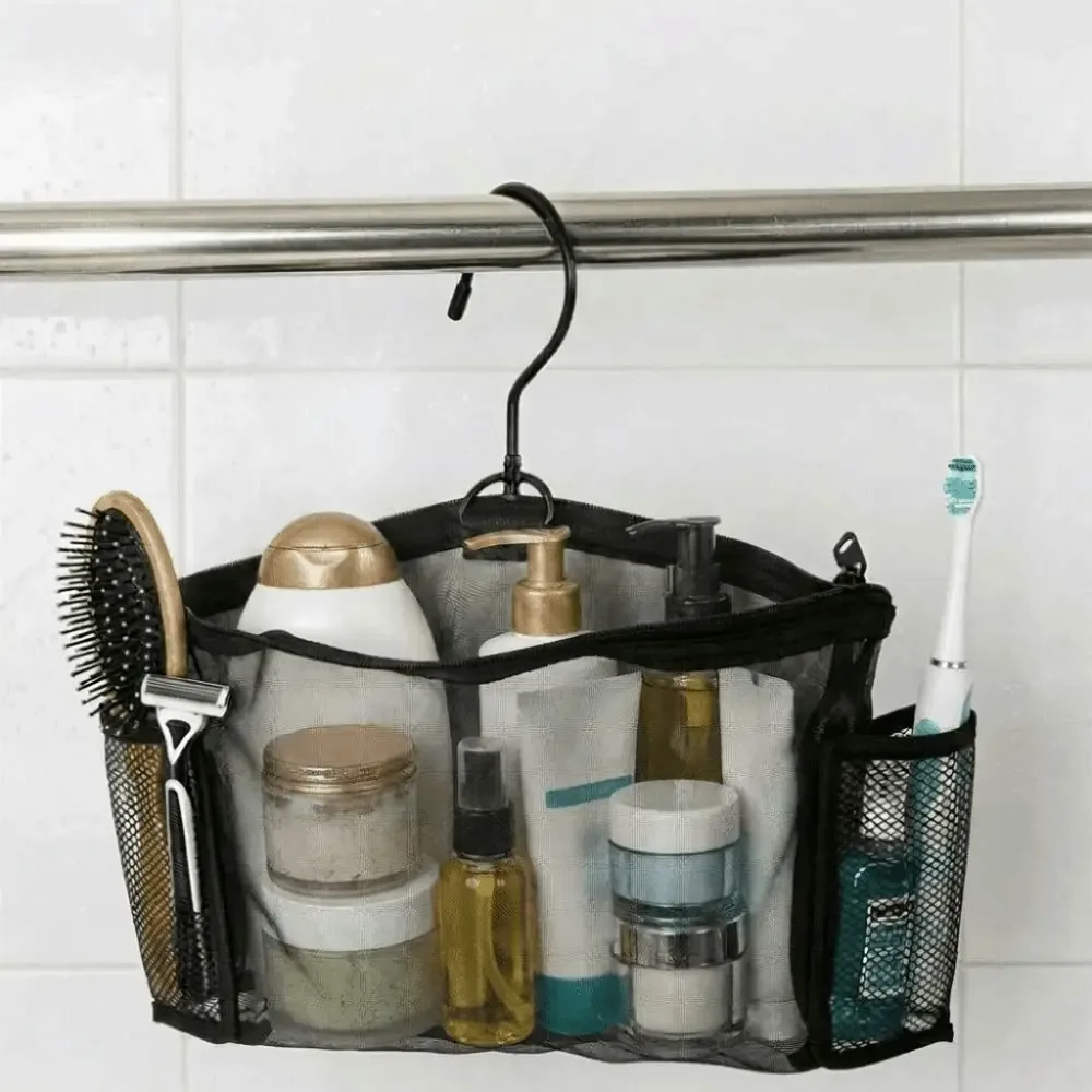 sac de rangement spécialisé en maille transparente avec crochet, organisateur de toilette, étui suspendu, organisateur de maquillage creux pour voyage.