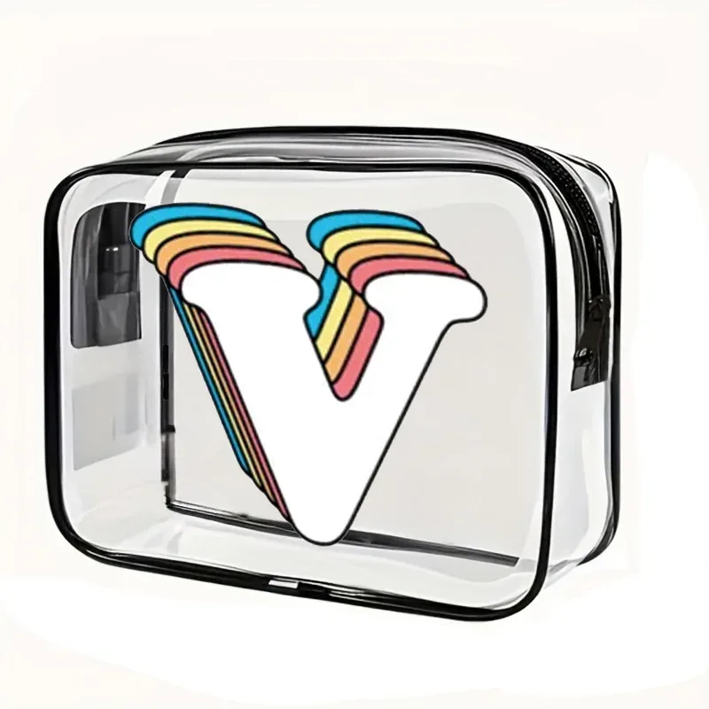 organisateur voyage cosmétiques pvc translucide poignée noire motif arcs-en-ciel lettre grande capacité format tonneau sac compression
