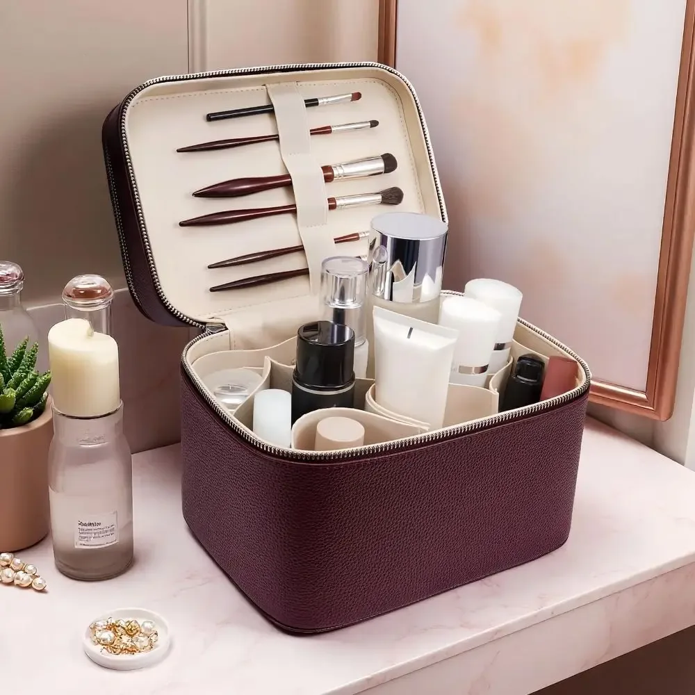 sac de rangement en pu pour cosmétiques, étanche, motif esthétique, grande capacité, motif litchi, pour voyage