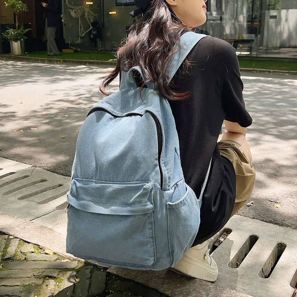sac à dos rétro en toile à fermeture éclair pour hommes et femmes, sac d'école multi-poches, sacs de sport de voyage solides, nouveau denim, initié sr