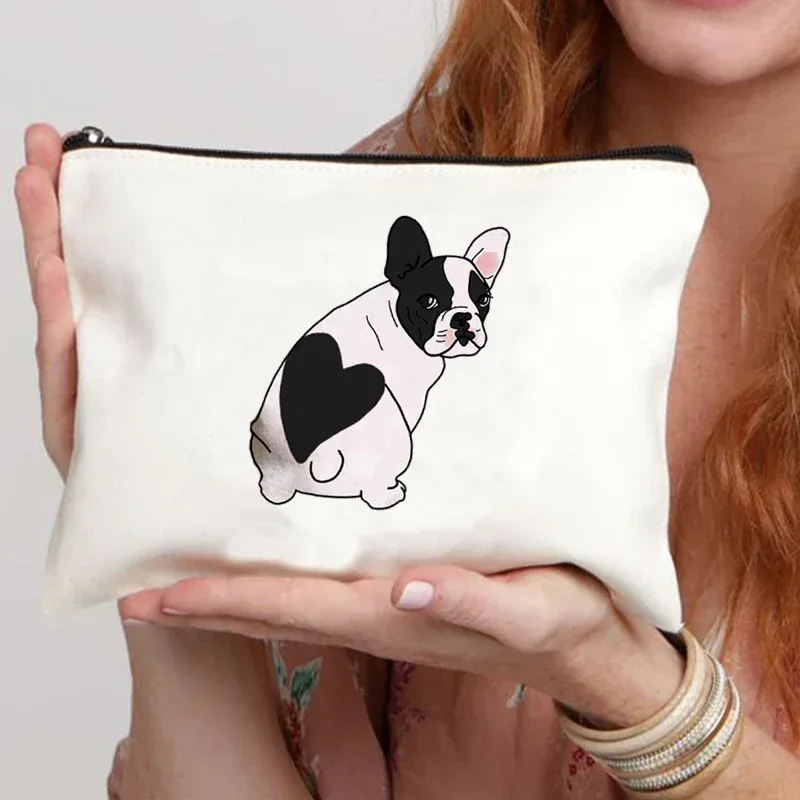 trousse de maquillage en toile pour femme, trousse de toilette, valise professionnelle, impression de dessin animé, bouledogue français, drôle