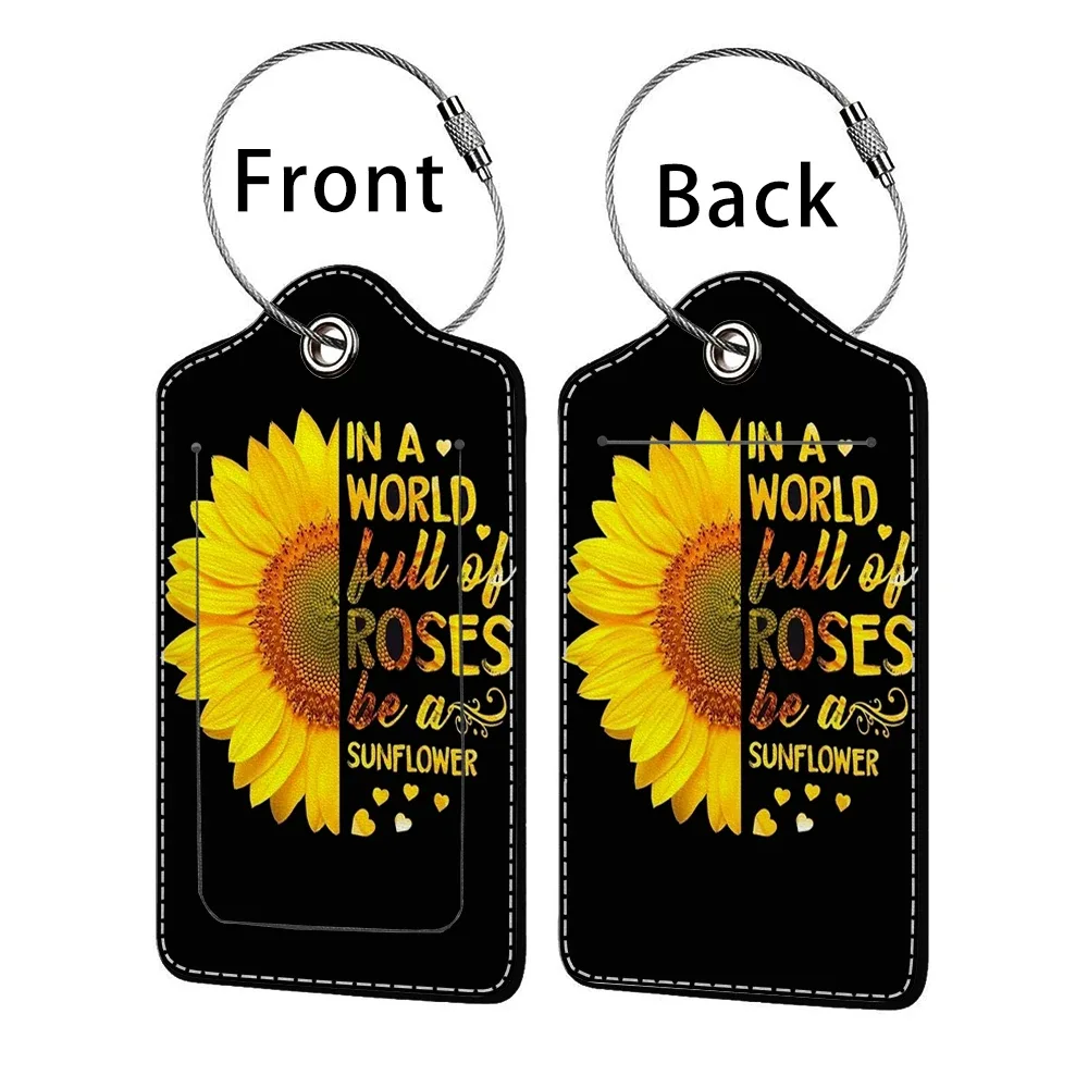 étiquette bagage polyuréthane motif tournesols bleu nuit jaune voyage identification personnelle plaques adresses double cartes bancaires