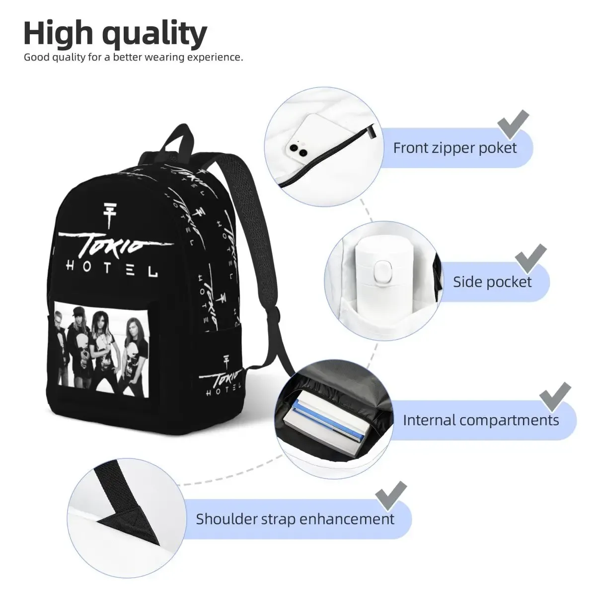 tokio hotel billkaulitz sac à dos pour hommes femmes décontracté étudiant affaires sac à dos rock musique ordinateur portable sac à bandoulière durable