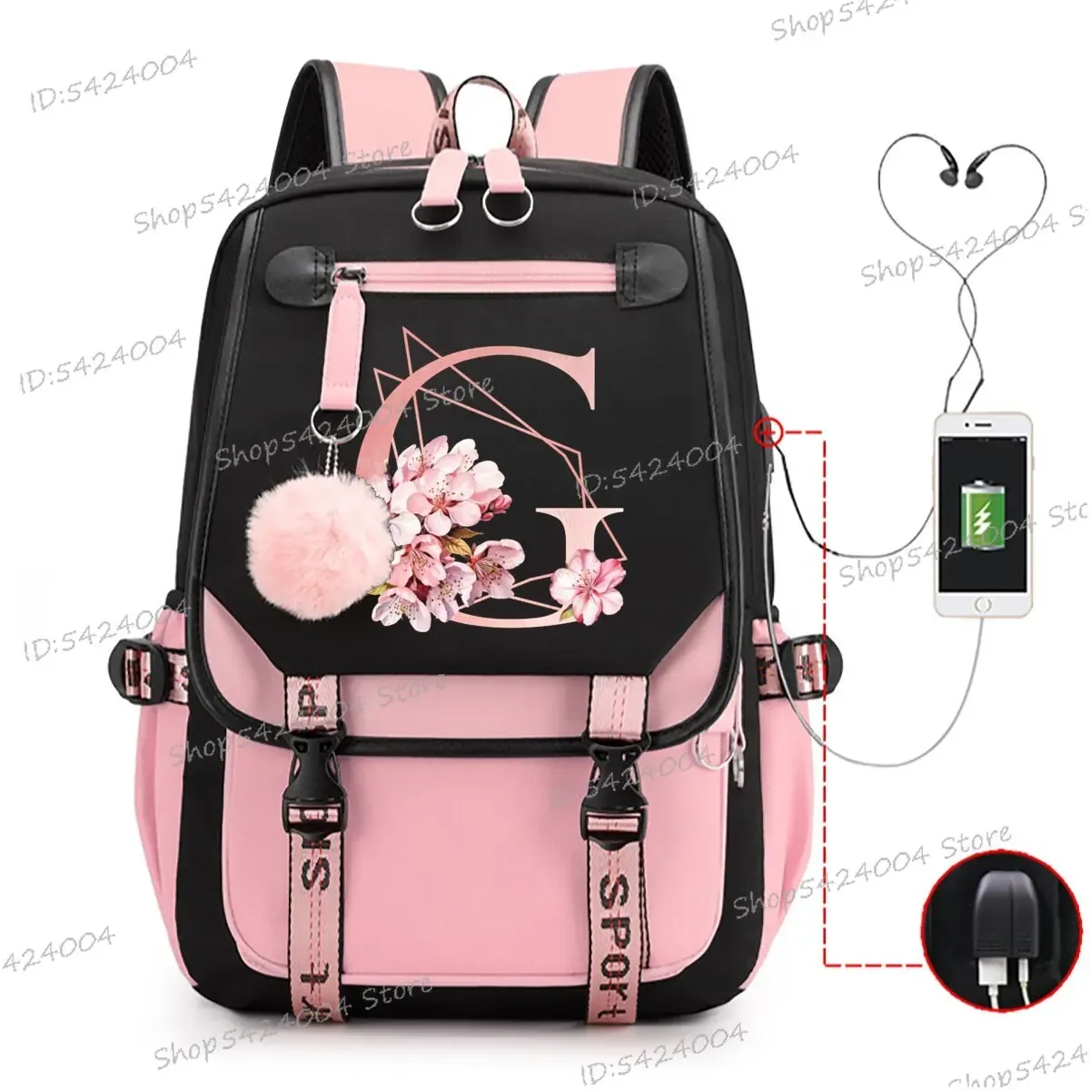 sac dos nylon unisexe rose noir lettre initiale motifs floral personnages voyage adolescents toile interne ordinateur poche fentes compartiments