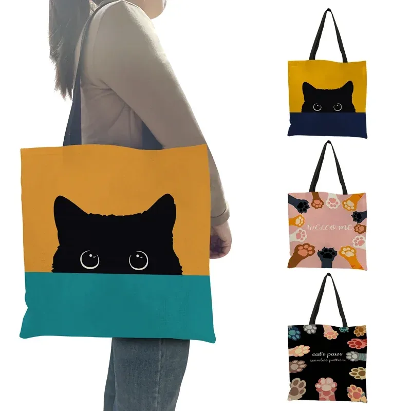 sac fourre-tout décontracté mignon animal de compagnie noir patte de chat imprimé femmes sac à bandoulière sac à main dames eco réutilisable shopper sacs pour l'épicerie