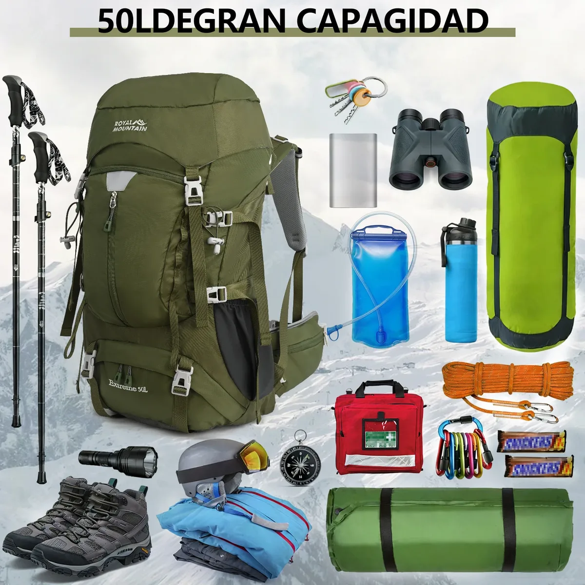 sac à dos d'escalade extérieur 50l, grande capacité, pour camping et voyage, multifonctionnel, en tissu résistant à l'eau avec housse de pluie