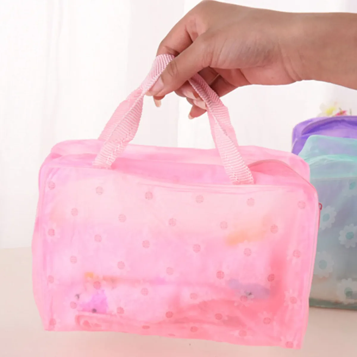 sac à cosmétiques transparent à fleurs imperméable, organisateur de toilette de voyage, pochette de rangement de maquillage en pvc avec poignée pour femmes 20x9x16cm
