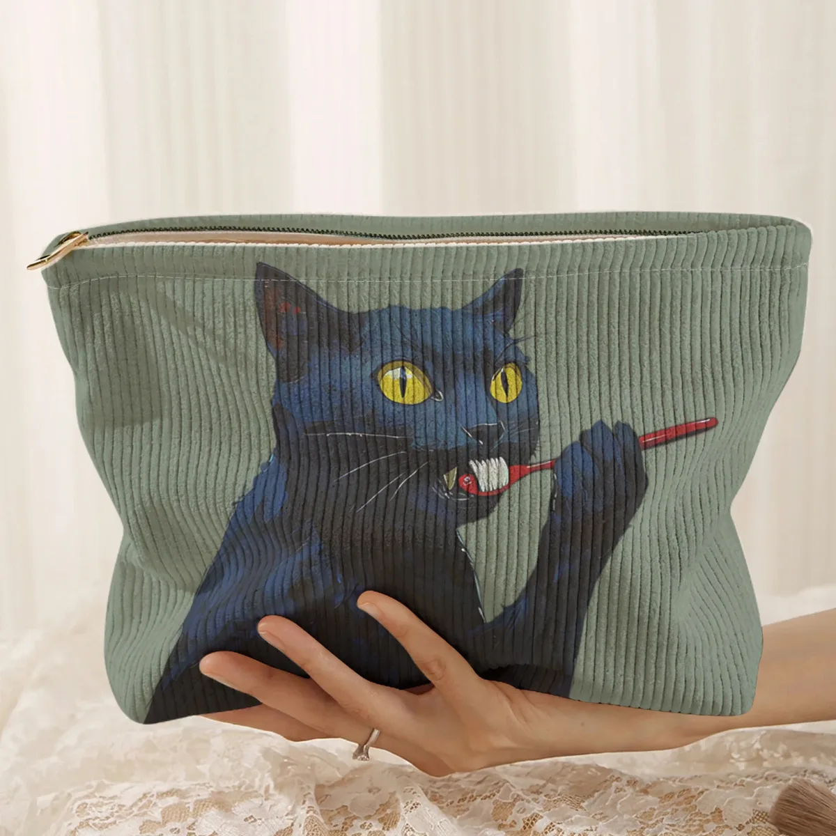 1 pièce, trousse de maquillage en velours côtelé à motif de chat noir, boîte de rangement légère à fermeture éclair, sac multifonctionnel avec doublure