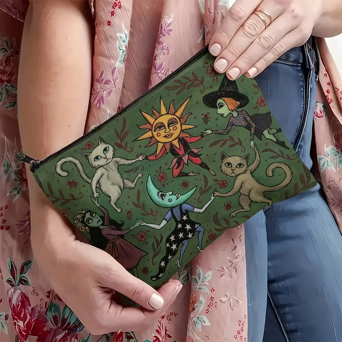 1pc sac enchanté forêt nuit trousse de maquillage fantaisiste sorcière chat et lune conception sur vert foncé cosmétiques crayons étudiant trousse de maquillage