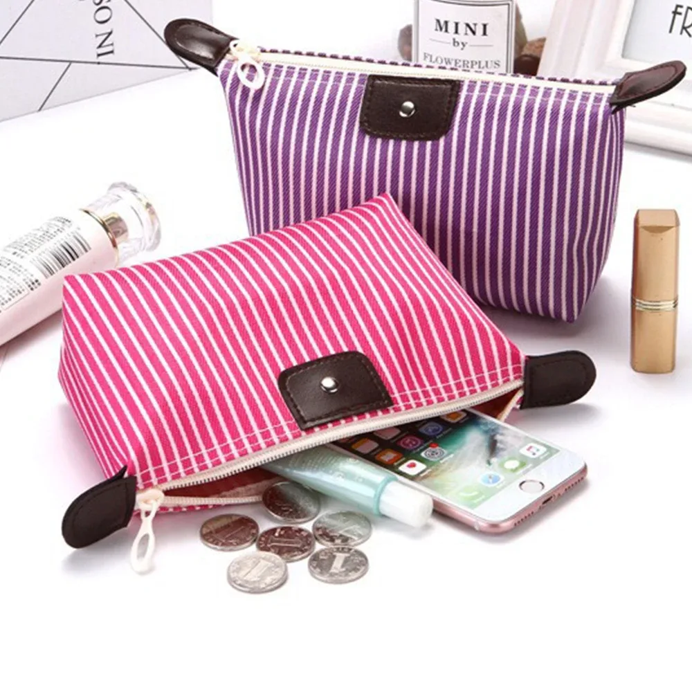 pochette de maquillage imperméable rayée, trousse de toilette de voyage pour cosmétiques et essentiels quotidiens, 1 pièce