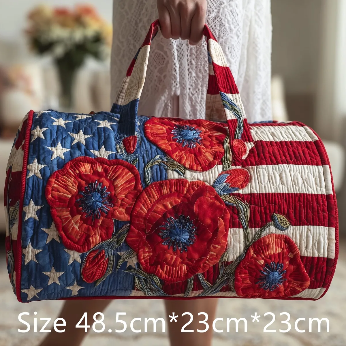 sac de voyage matelassé vintage pour femme, motif étoiles et rayures patriotiques, imprimé 3d roses et cardinaux, sac de week-end, sac de sport, sac de nuit