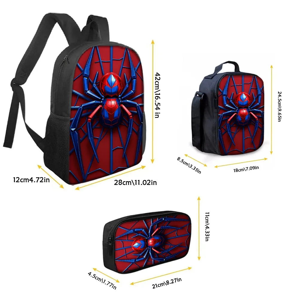 ensemble de 3 sacs à dos à motif d'araignée, légers, grande capacité, sac d'école, sac de voyage avec sac à bandoulière, trousse à crayons, cadeau parfait pour les enfants