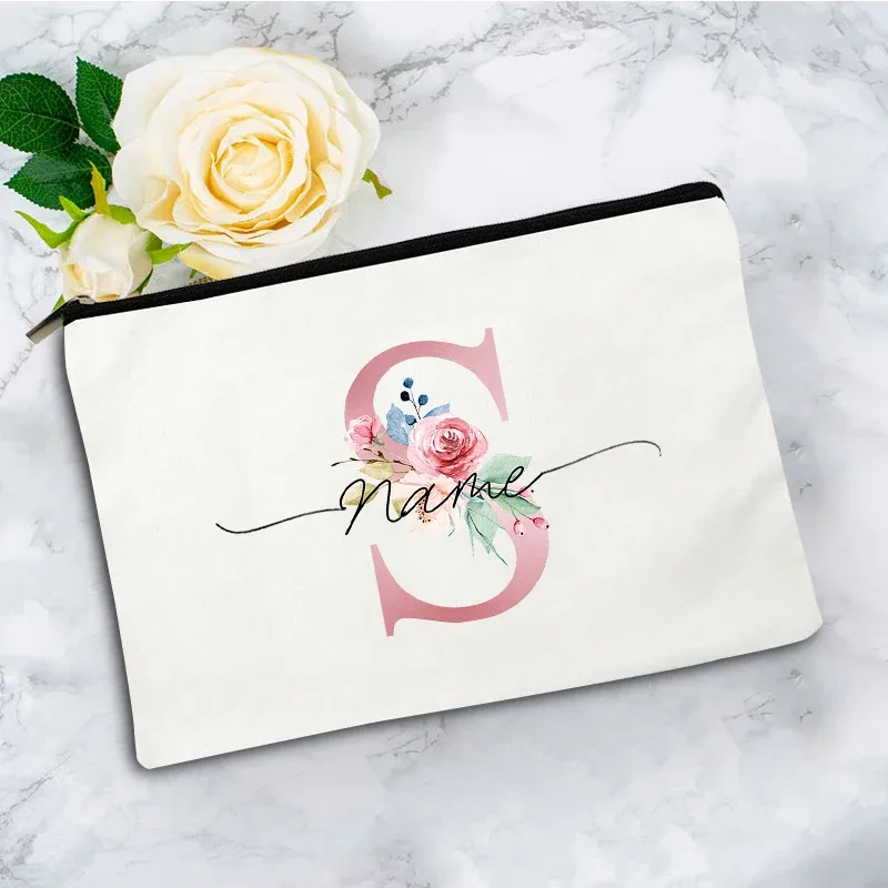 trousse de maquillage personnalisée rose à motifs floraux avec initiale, pochette cosmétique en toile personnalisée, organisateur de voyage pour articles de toilette pour femmes