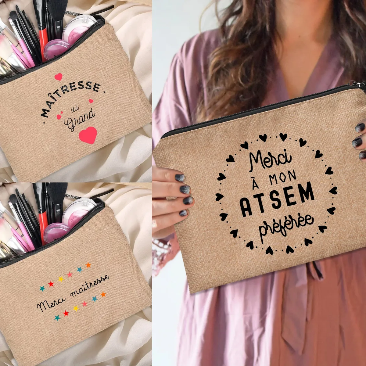 pochette zippée, cadeau pour professeur, merci maîtresse, sac de rangement pour professeur, trousse de maquillage pour femme, trousse à cosmétiques, pochette pour professeur, sac à cosmétiques