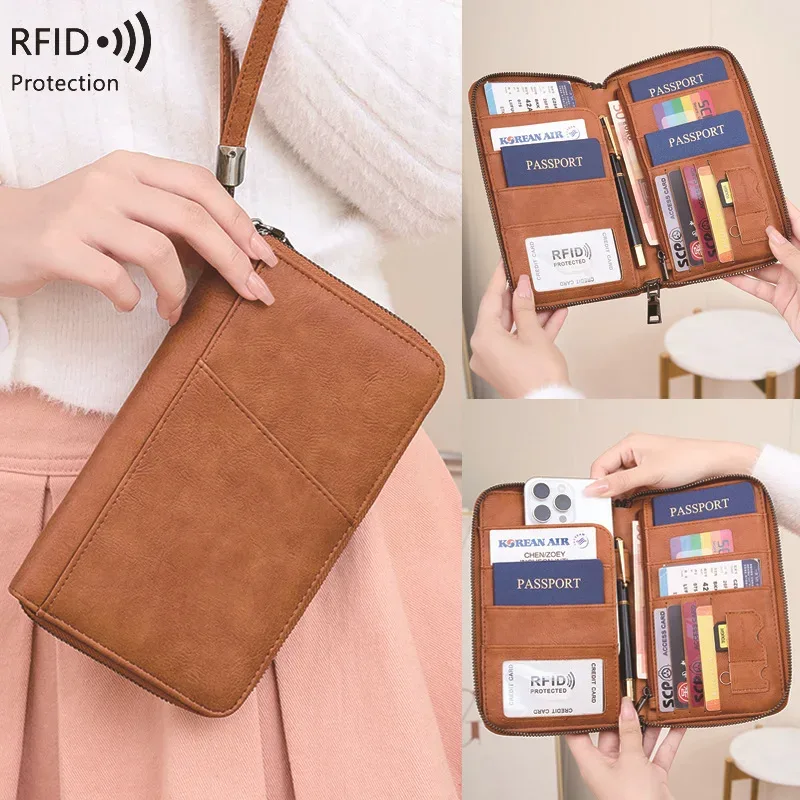 nouveau portefeuille à clip pour passeport de voyage pour femmes et hommes, porte-cartes multifonctionnel en cuir pu rfid, portefeuilles antivol, sac de rangement