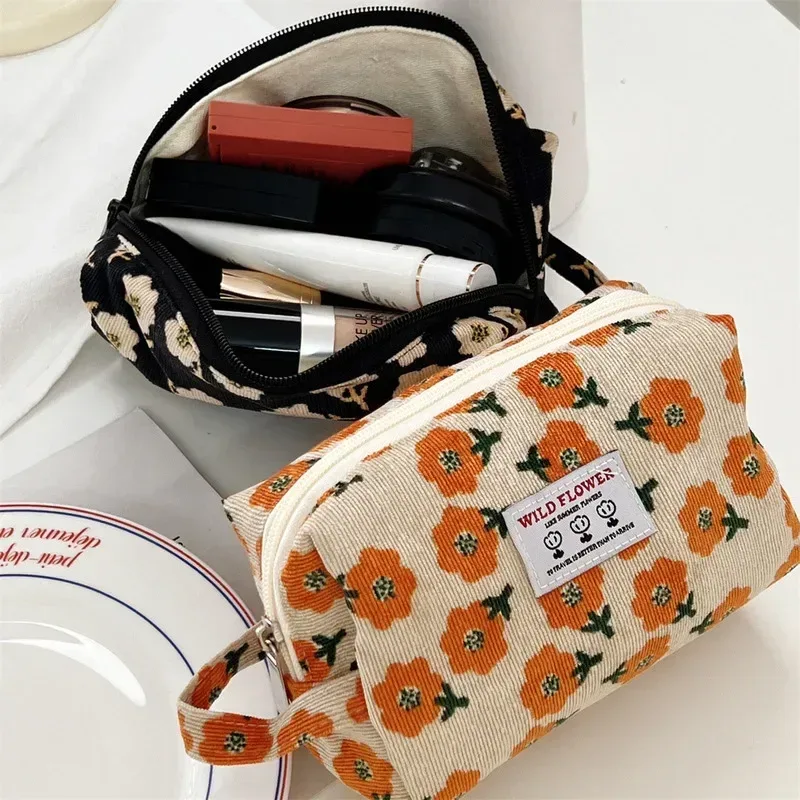 sacs de maquillage en velours côtelé pour femmes, sac à cosmétiques imprimé floral, trousse à crayons, trousse de toilette de voyage, sac de rangement, organisateur, trousse de beauté