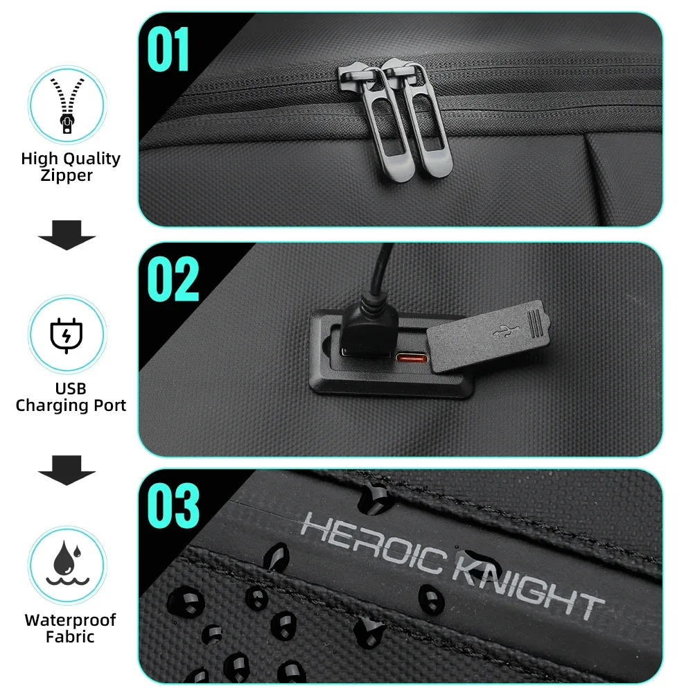 sac à dos d'affaires heroic knight pour ordinateur portable de 15,6 pouces, grand sac à dos de voyage étanche pour homme, sac à dos minimaliste pour les trajets au bureau, mochila avec usb