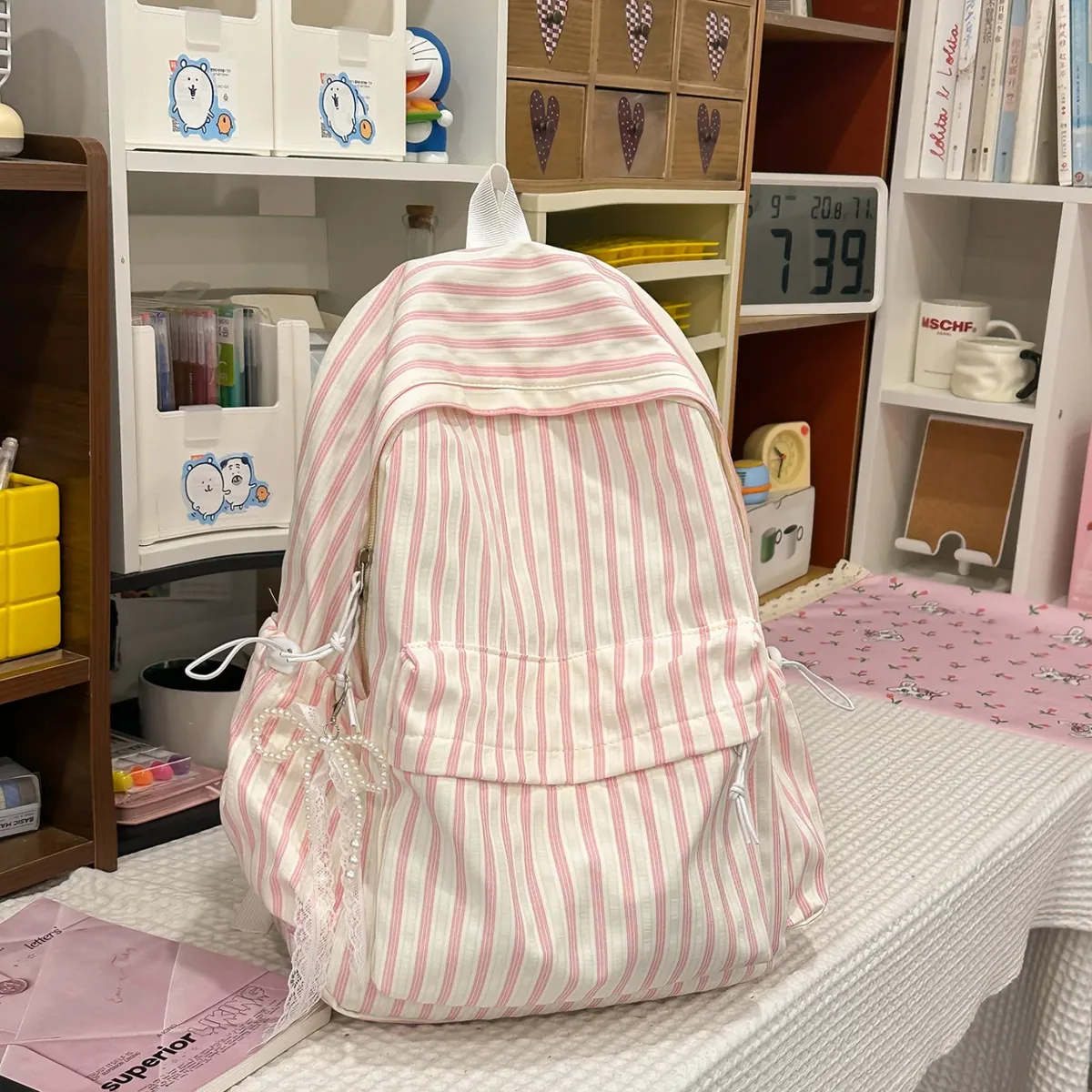 nouveau style japonais, sac à dos décontracté à rayures, grande capacité, pour collégiennes, idéal pour les voyages, sac à dos à double bandoulière pour filles 2026