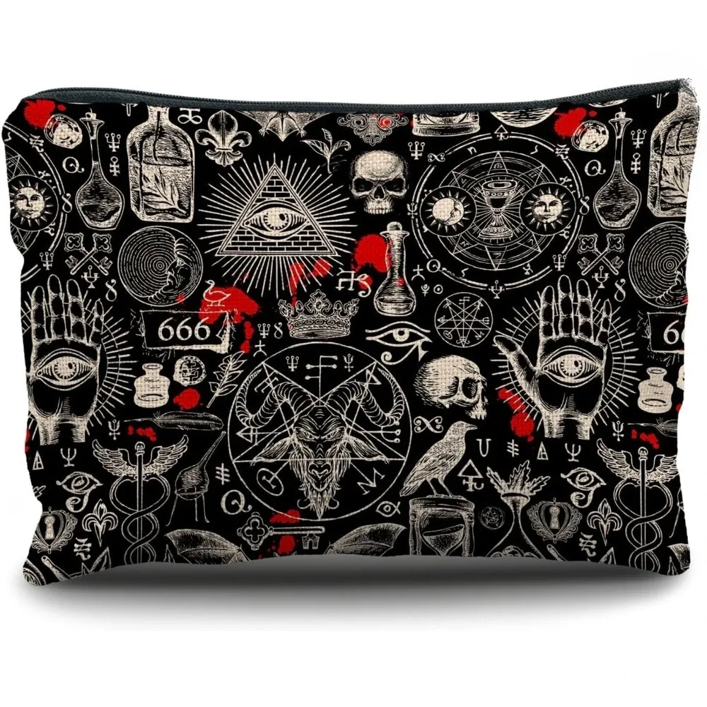 1 trousse de maquillage gothique avec symboles gothiques (pentagrammes, crânes, chauve-souris, occulte) – trousse à cosmétiques gothique noire et rouge