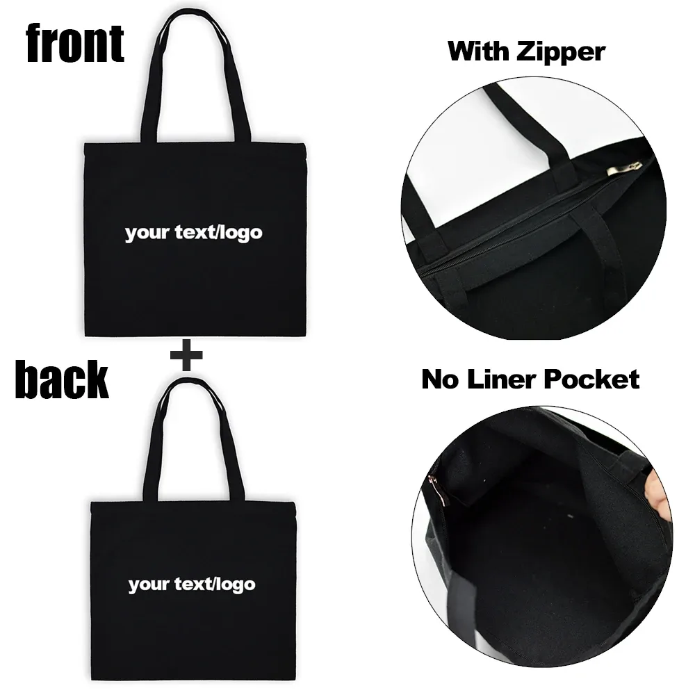sacs en toile réutilisables pour femmes, sacoches personnalisées avec fermeture éclair, fourre-tout de shopping, à la mode, noir, blanc, beige