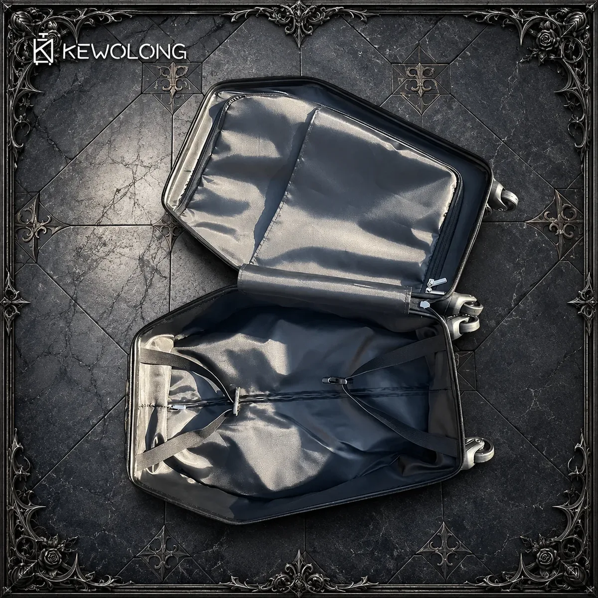 valise gothique, valise en forme de cercueil, sac à roulettes gothique, valise de style alternatif, valise de voyage pour halloween, valise à motifs en relief.
