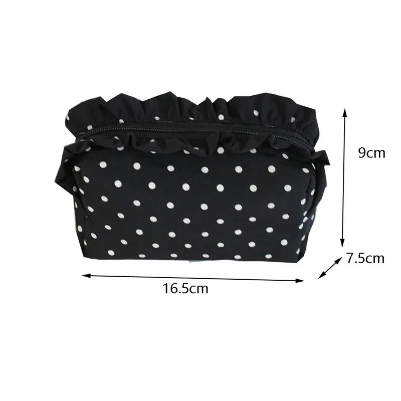 Trousse de Maquillage Vintage à Pois avec Bord Volanté Grande Capacité Pochette de Rangement Portable pour Cosmétiques et Soins de la Peau pour Femme