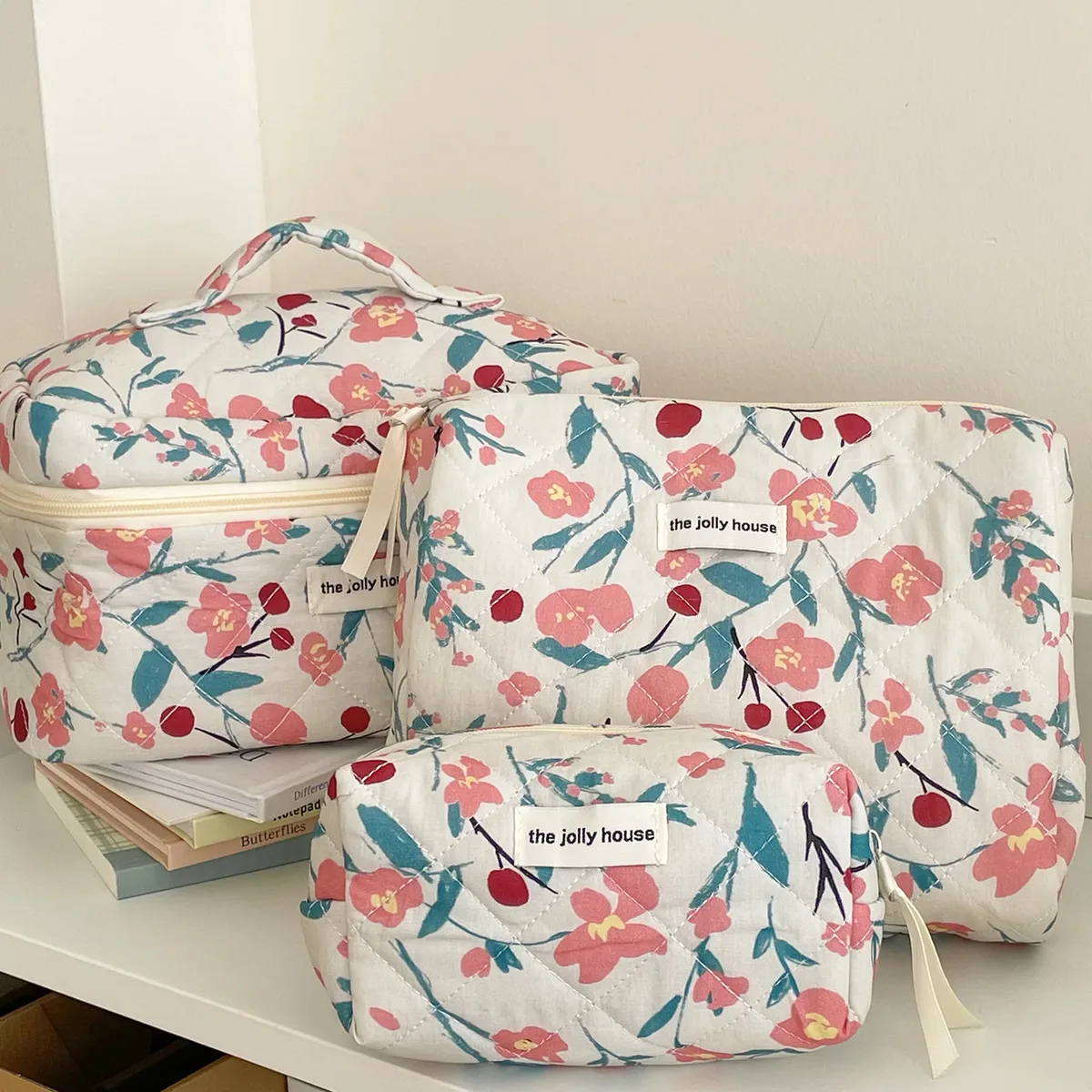 organisateur voyage polyester fleur rose feuille verte fruit rouge décoration floral sac rectangulaire fermeture glissière