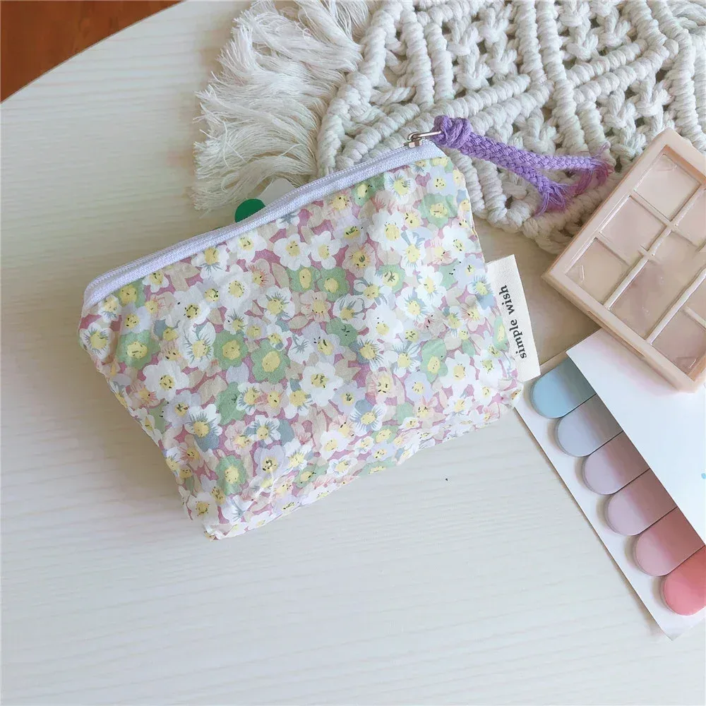 petite trousse de maquillage cosmétique pour femmes et filles, mini sacs à fleurs en coton, trousse de maquillage rouge à lèvres, sac à main pour enfants, trousse à poudres à monnaie