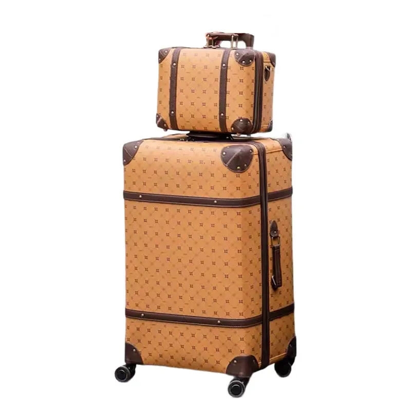 valise bagage roulant pu marron clair motif géométrique brun fond beige poignées roulettes empilable voyage