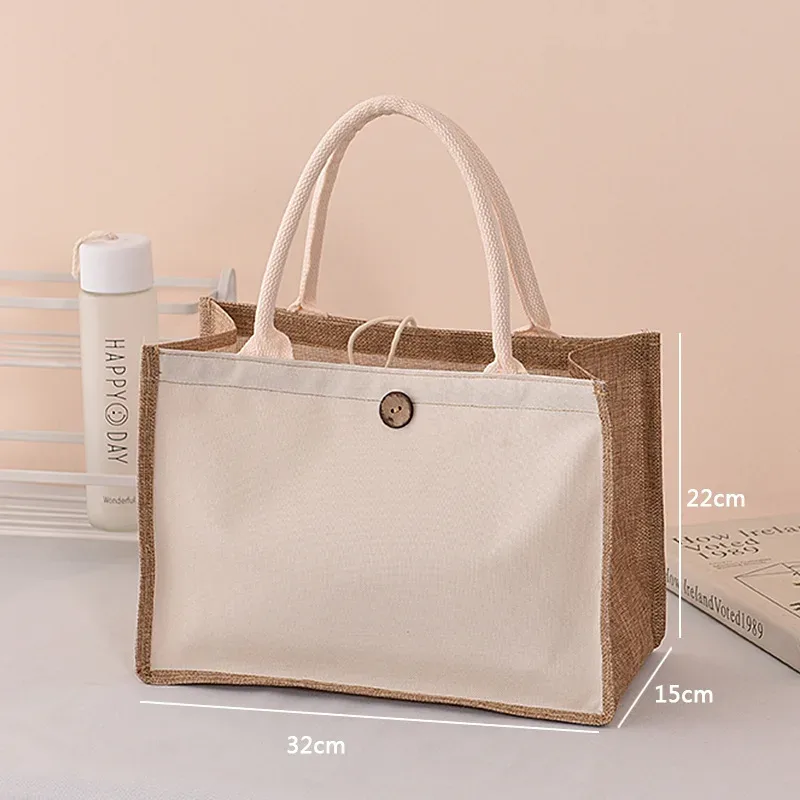 sac fourre-tout en toile de jute avec bouton pour femme, sac à main cadeau de grande capacité, respectueux de l'environnement, sac à provisions réutilisable, sac en chanvre