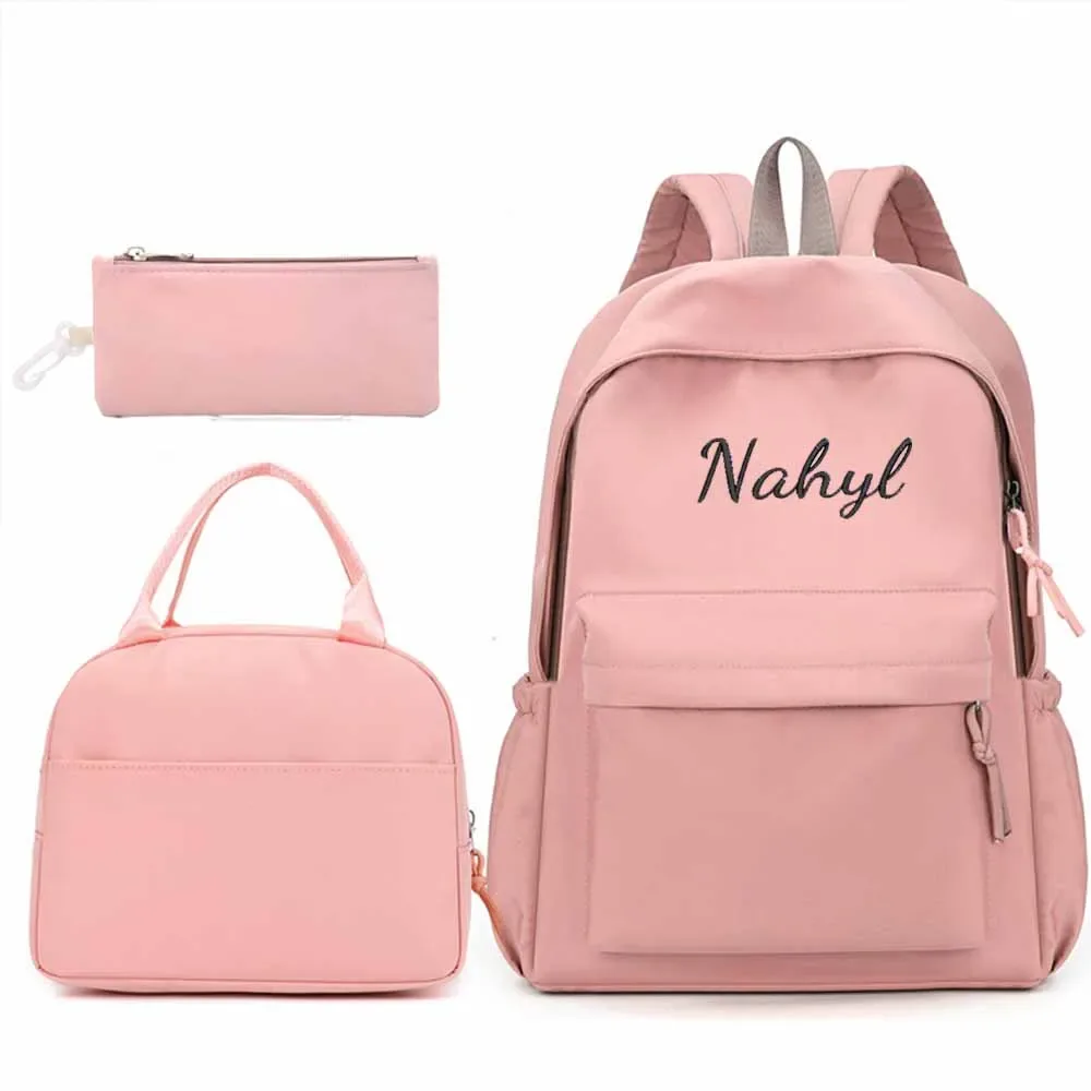 sac à dos personnalisé pour collégiens de grande capacité, nouveau style universitaire, sac à dos personnalisé de couleur unie + trousse à crayons + sac à déjeuner