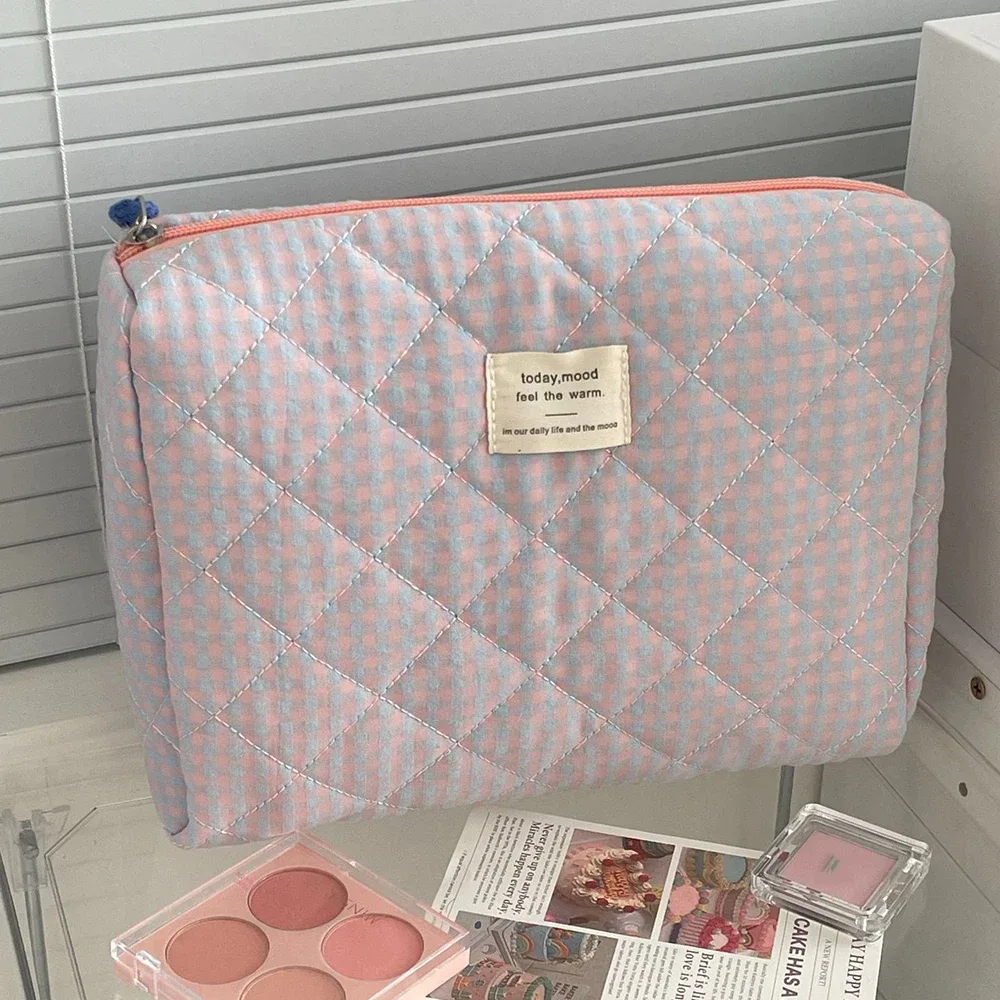 trousse polyester décontractée plaid violet rose orange bleu beige noir géométrique voyage cosmétique toile douce
