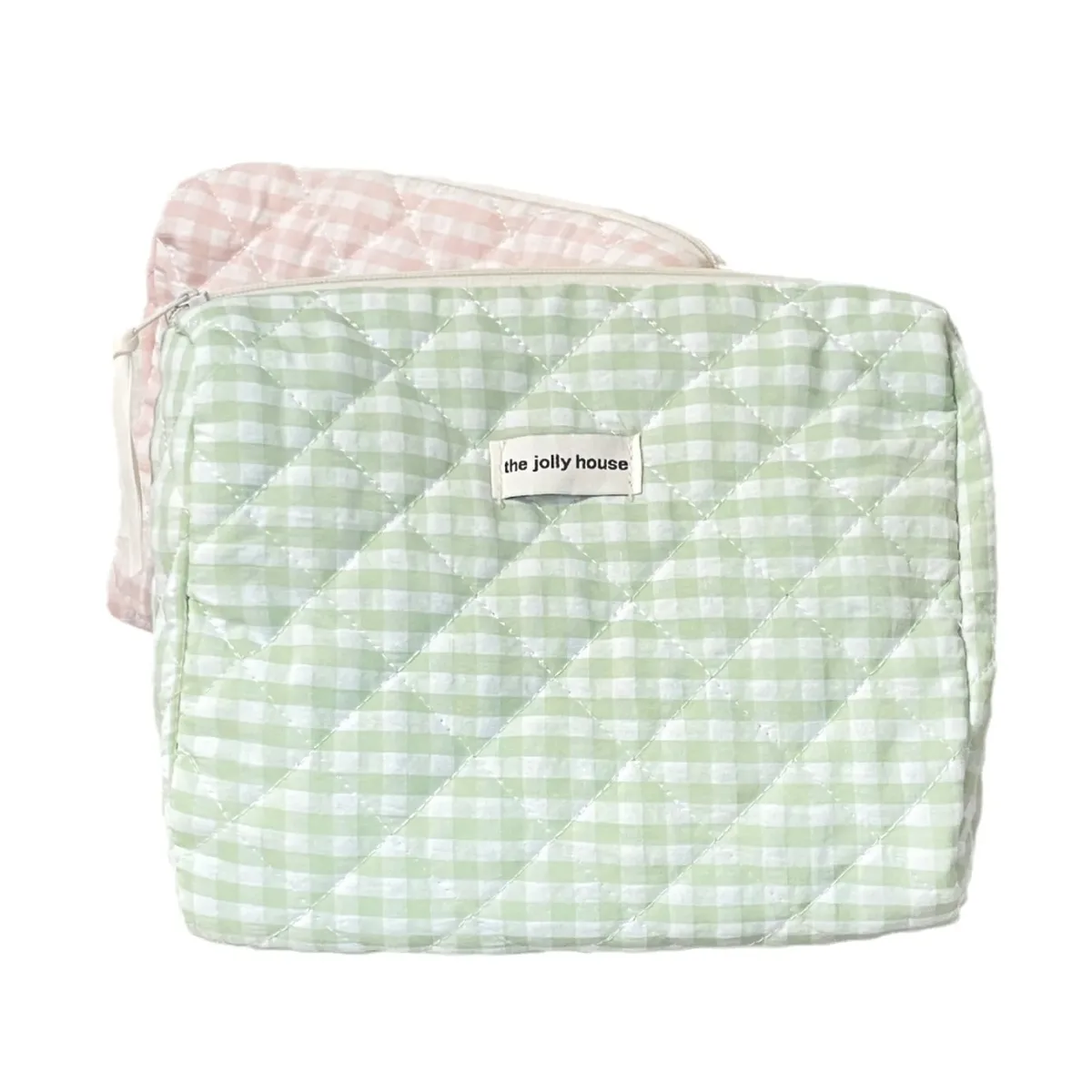 trousse de maquillage matelassée en coton à carreaux rose et vert grande capacité style coréen mignon portable sac de rangement cosmétique et trousse de toilette