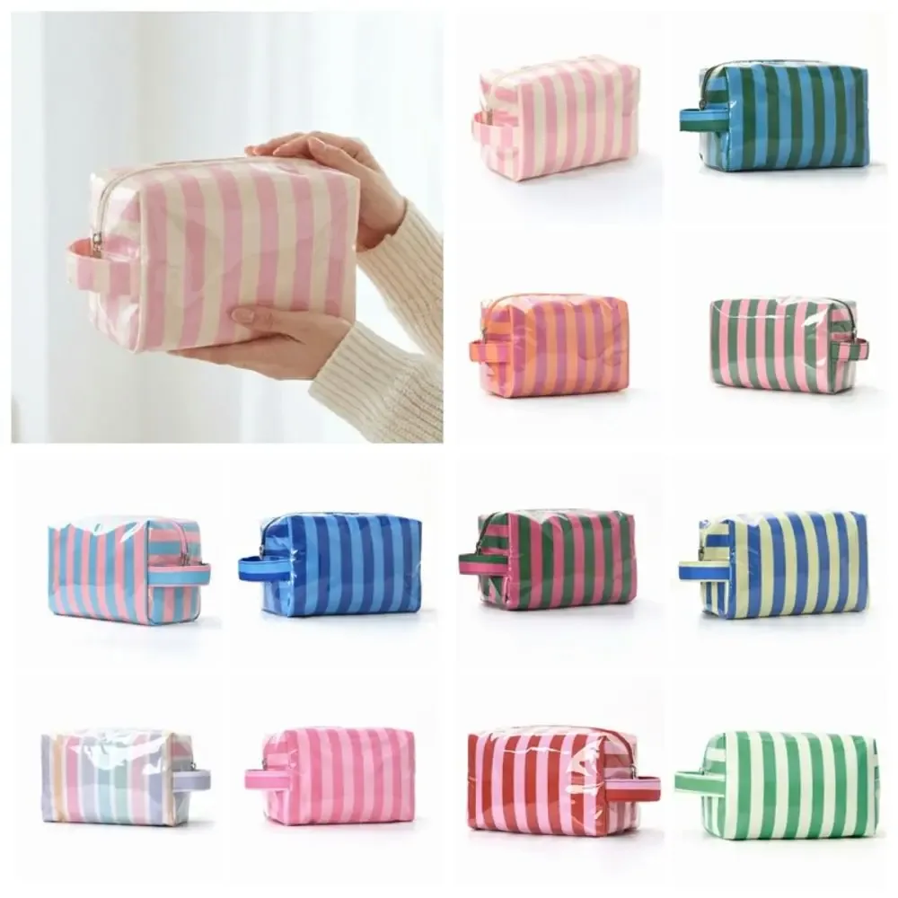 trousse de toilette imperméable rayée grande capacité rose en pvc – organisateur de maquillage portable simple pour voyage – sac de rangement cosmétique pour femme
