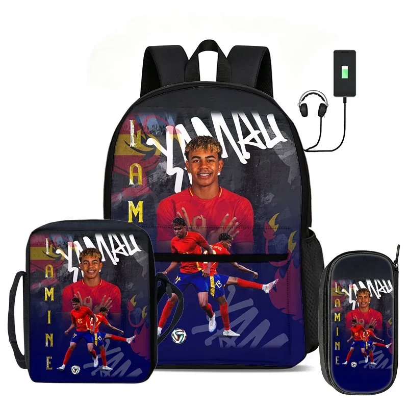 l-lamin yamal ensemble de 3 pièces : sac à dos, sac à bandoulière, trousse à crayons, sac à dos de sport pour enfants, motif star de football