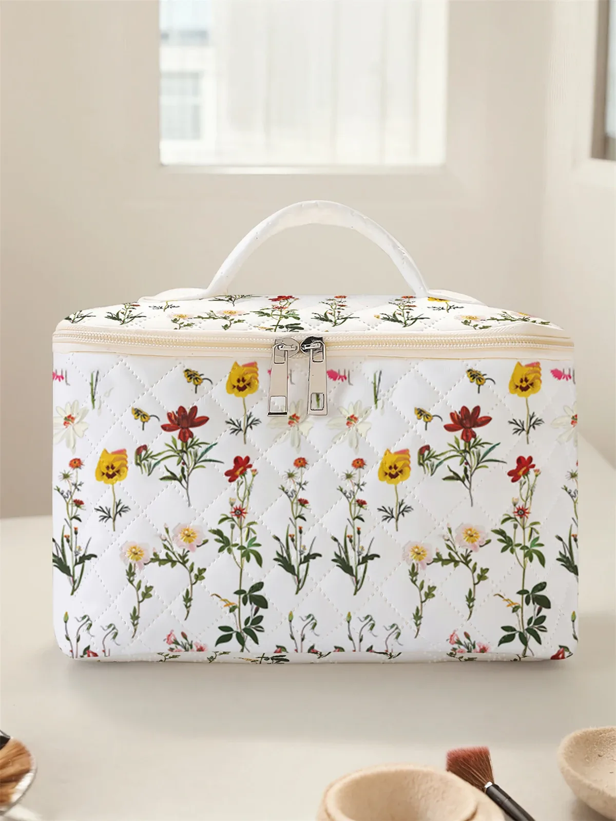 1 pièce, cosmétiques de voyage portables avec motifs floraux, sac de rangement de voyage de grande capacité, trousse de maquillage mignonne et élégante