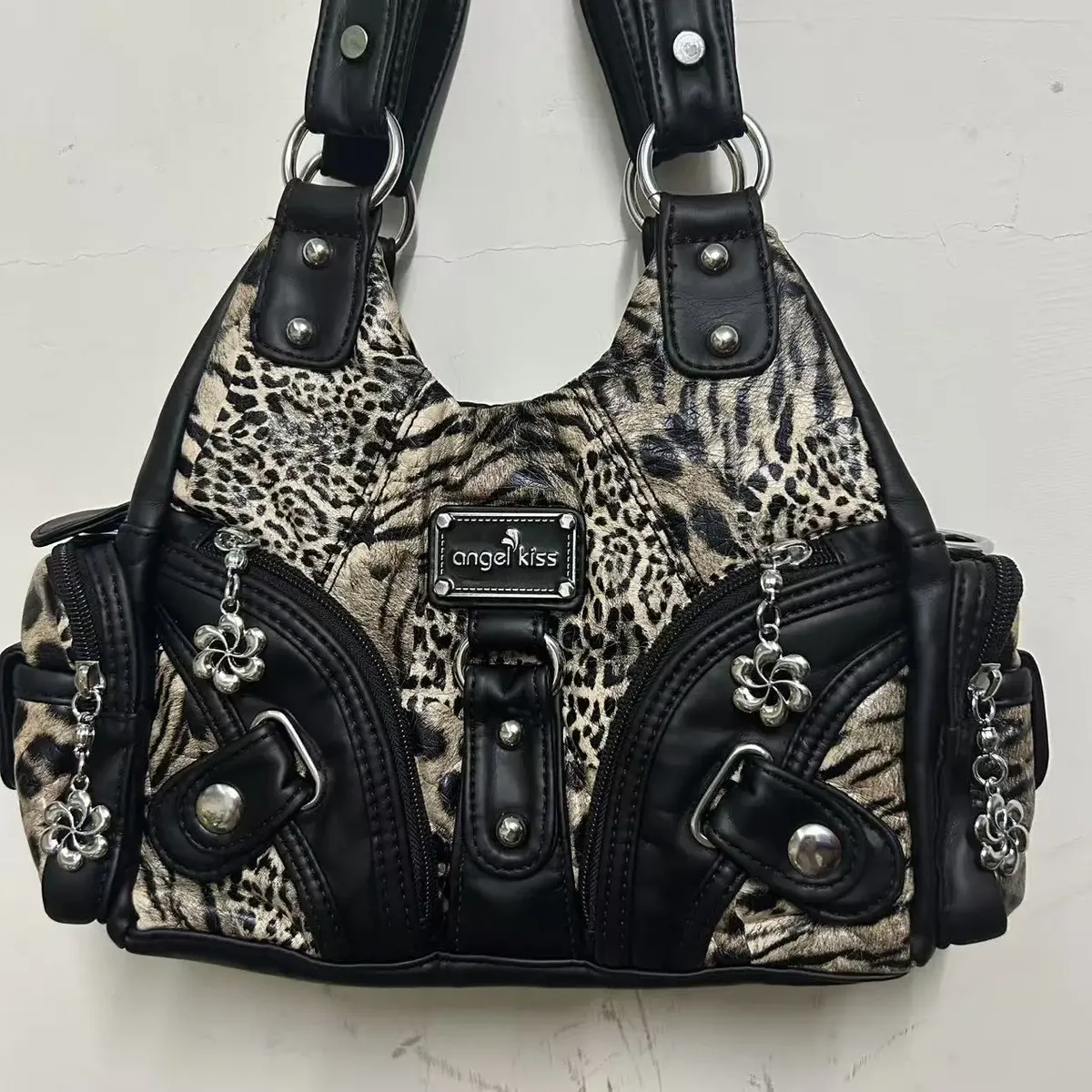 sac à bandoulière vintage y2k à imprimé léopard, sac à main en similicuir de style grunge des débuts des années 2000, sac hobo rétro punk