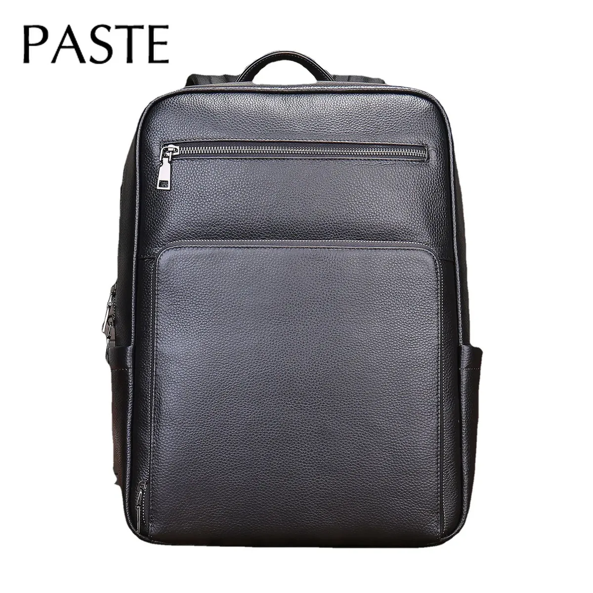 sac dos cuir vache noir grained texture bandoulière arquée compartiment ordinateur portable polyester polyaine grand capacité voyage affaires